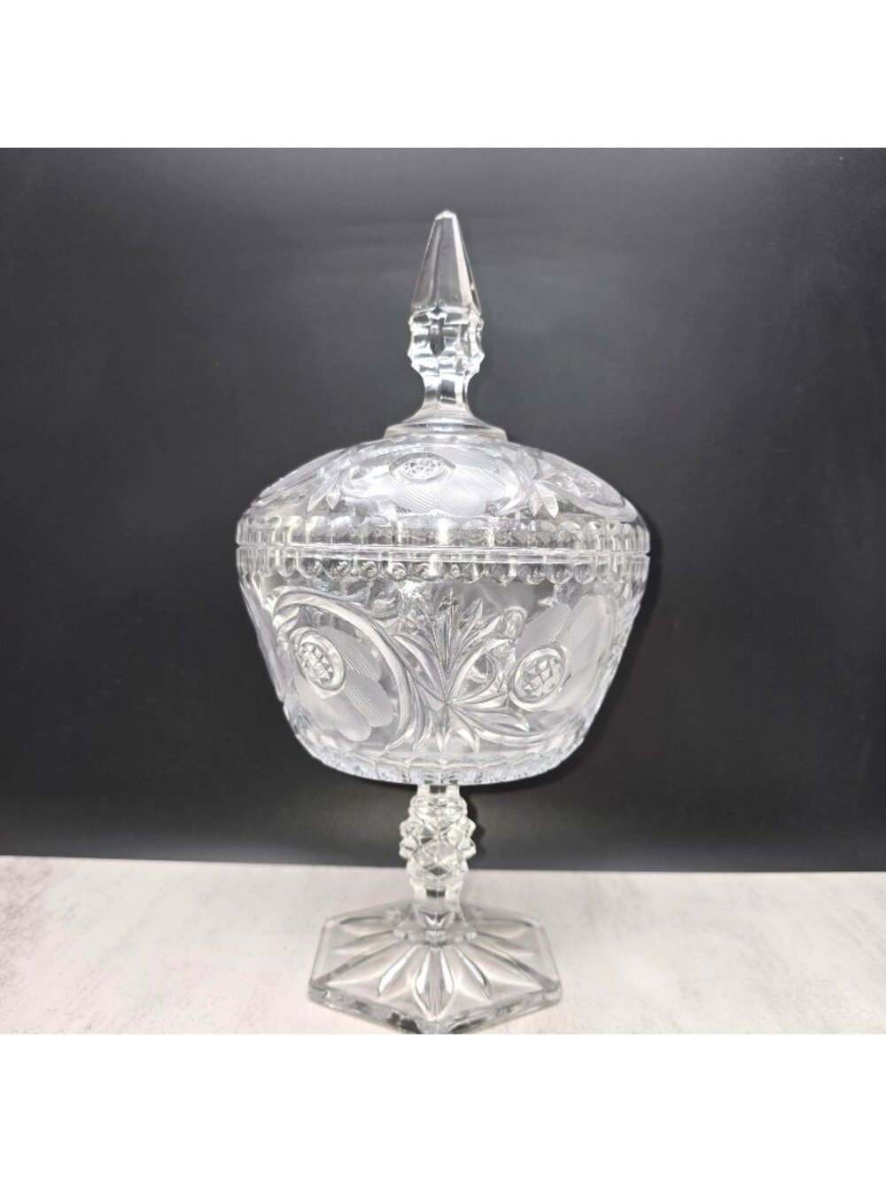 Vintage Leaded Crystal Lidded Compote Dish Floral Geometric Pedestal Base VL5172